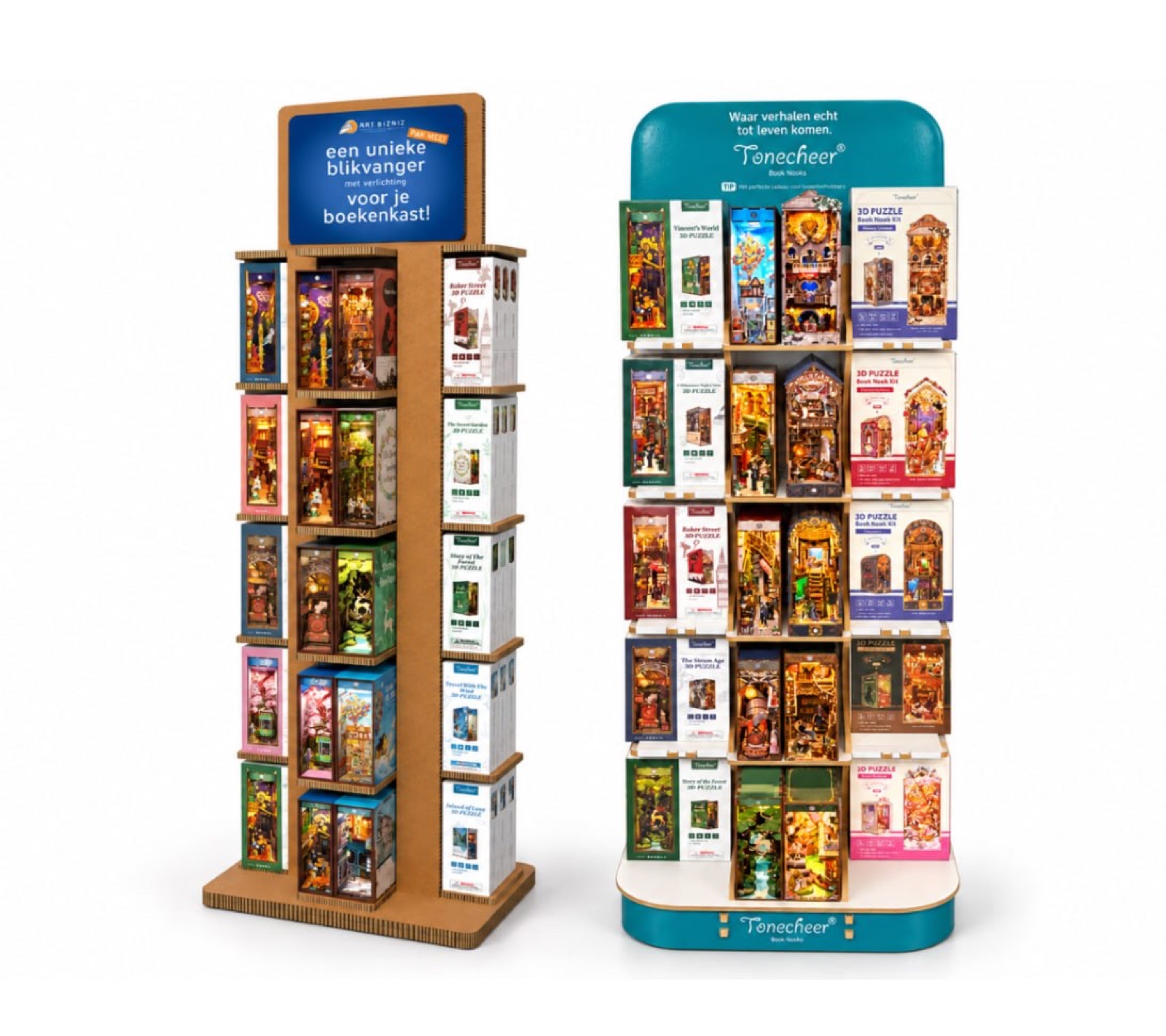 Kraft cardboard tower for Art Bizniz and MDF tower for Tonecheer, both stocked with book-nook boxes.