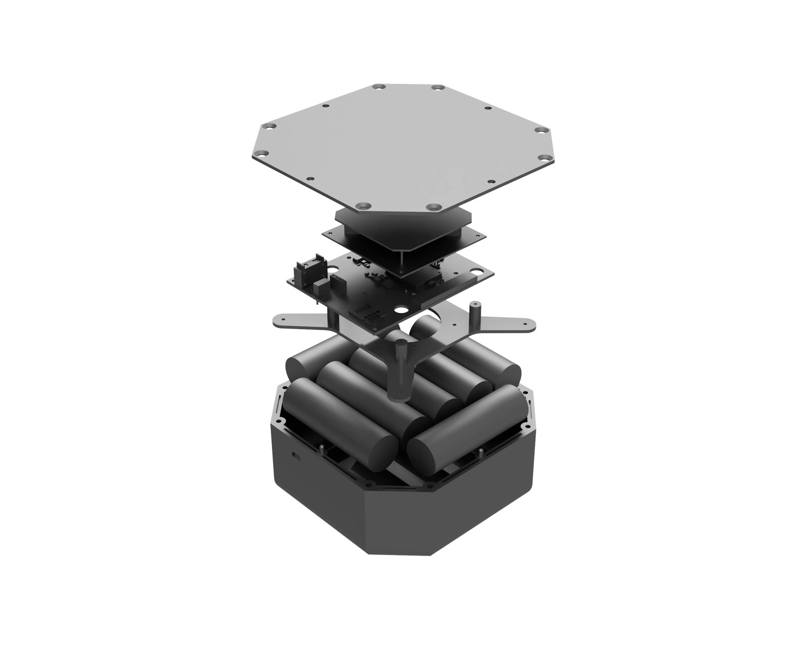 Exploded view of the Piar RFID module: antenna plate, reader electronics, battery pack and housing.